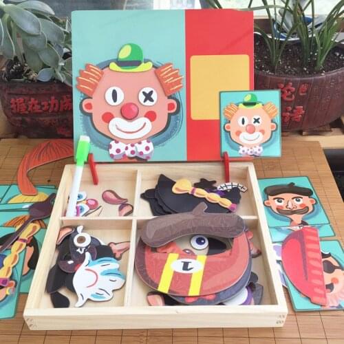 2021 Early Education Magnetic Wooden Puzzle Cognitive Pairing Beneficial Intelligence Magnetic Paste Face Features Toys