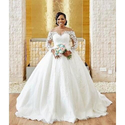 2022 Plus Size Arabic High Quality Lace Beaded Vintage Wedding Gowns Sheer Neck Long Sleeves Sexy Bridal Bride Dresses