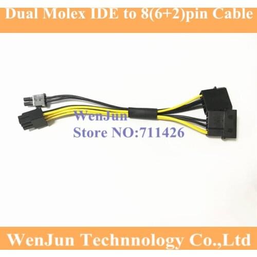 5PCS/LOT NEW Dual 4Pin IDE Molex to PCI-E PCIe Graphics Video Display Card 8Pin ( 6Pin + 2Pin ) Power Supply Cable 18AWG Wire