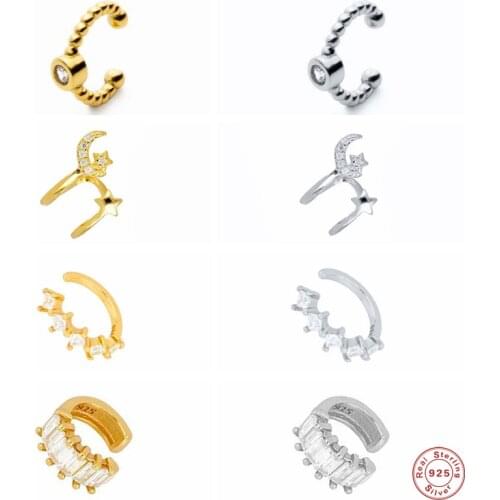 GS 925 Sterling Silver Gold Zircon Circle Ear Cuff For Women Non Piercing Star Moon Clip Earrings Earcuff Party Jewelry 1PC