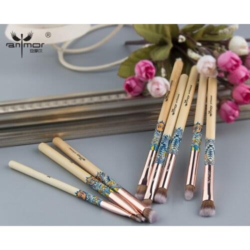 Anmor 8PCS Bamboo Makeup Brush Set High Quality Rose Gold Wood Handle Eyeshadow Blending Make Up Brushes Professional Tool