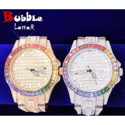 Colorful Zircon Mens Watch Big Round Dial Military Quartz Clock Luxury Baguett Rhineston Business Waterproof wrist watches