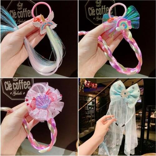 Childrens Hair Hoop Headdress Girls Baby Wigs Long Braid Princess Bow Hot Drill Cartoon Head Ornament Kids Hair Accessories