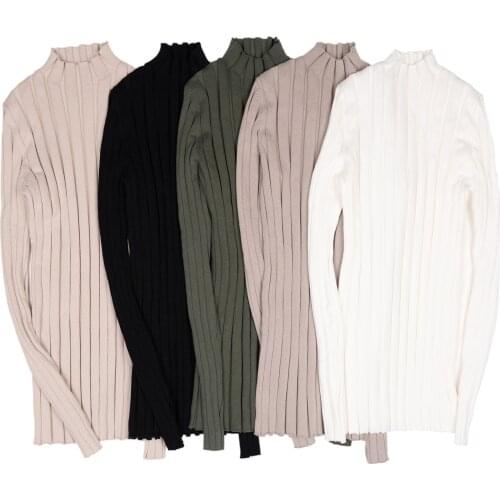 Women Wide Ribbed Tops Mock Neck Cotton Sweater Basic Turtleneck Pullovers Autumn
