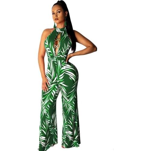 Sexy Off Shoulder Leaf Print Jumpsuit Long Pants Women Halter Hollow Out Elegant Boho Loose Wide Leg Jumpsuit Club Romper Female