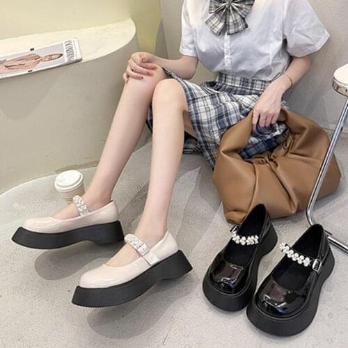 Lucyever Student Platform Leather Shoes Women Pearl Flower JK Uniform Mary Jane Shoes Woman Wedges College Sweet Lolita Shoes