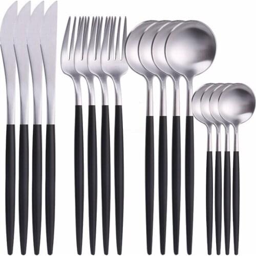 Black Silver Cutlery Set Stainless Steel Tableware Set Kitchen Dinnerware Set Western Knifes Forks Spoons Flatware Matte Cutlery