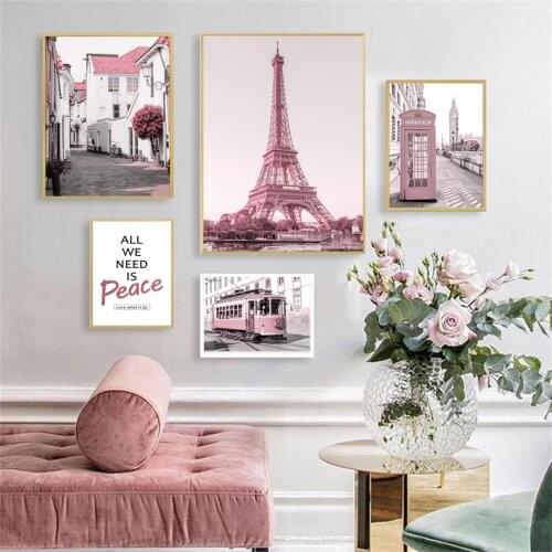 Pink City Bus Flower Building Tower Quote Nordic Posters And Prints Wall Art Canvas Painting Wall Pictures For Living Room Decor