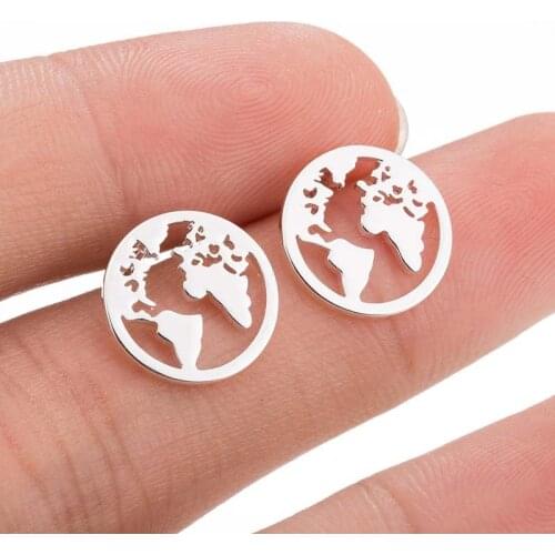 Stainless Steel World Map Earring For Women Gold Silver Plated Wood Globe Studs Earrings Round Love Heart Piercing Ear Jewelry