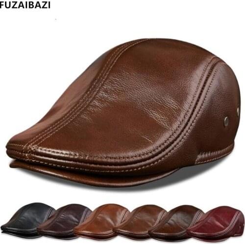 FUZAIBAZI 2021New Genuine Leather Autumn Winter Mens Cowhide Leather Berets Earmuffs Thermal Leisure Snapback Brand Winter Hat