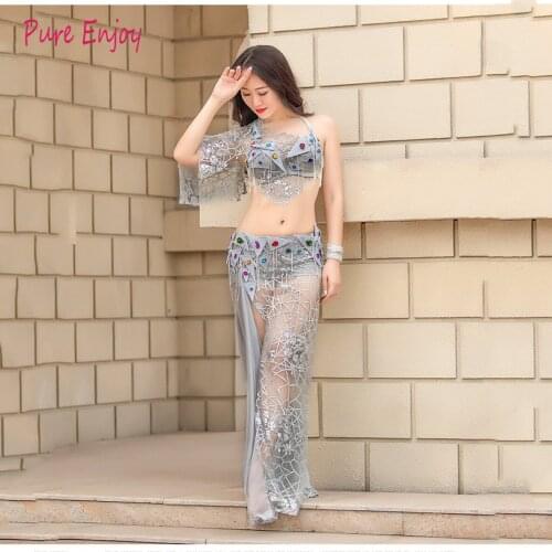 NEW stage Luxury Women Belly Dance Costumes Bra+Mesh Skirt 2pcs Belly Dance Suit Women Ballroom Dance Set