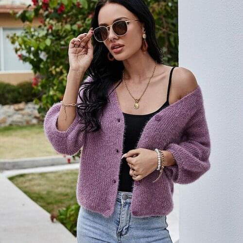 V-neck Solid Loose Knit Cardigan Lantern Three-quarter Sleeve Womens Cardigan Short Knitted Sweater Cropped Cardigan