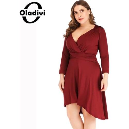 Oladivi Plus Size Women V-Neck Elastic Slim High Waist Evening Party Dress Sexy Ladies Short Mini Dresses Club Outfits Robe 029