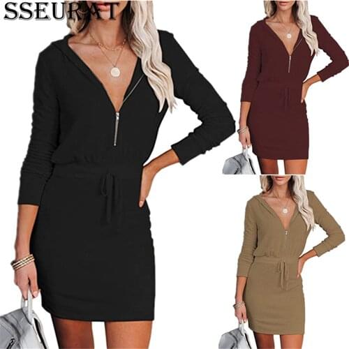 SSEURAT Autumn Dress 2021 Casual Hooded Dress women Long-sleeved Tight-fitting High-waist Dresses Slim-fitting Womens Dress