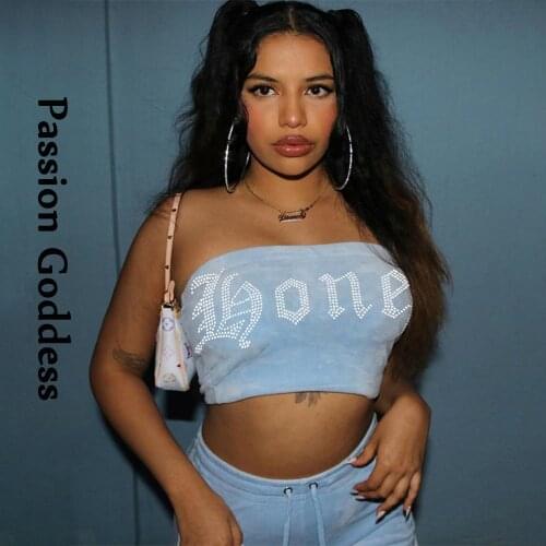 Sexy Women Rhinestone Pink Velvet Crop Top Hot Drilling Strapless Slim Tubes Party Club Letter Rhinestone Bustier Outfits Summer