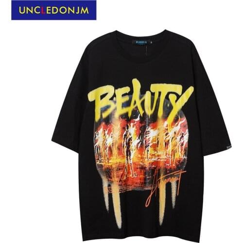 Flame print graphic tees men streetwear Summer oversized t shirt short sleeve urban men t shirt UBO2139