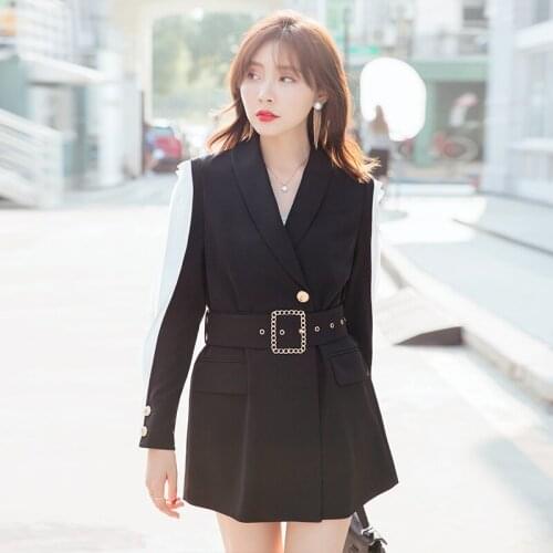 YIGELILA New Fashion Patchwork Dress Lantern Sleeves Above-knee Elegant Dress Office Lady A-line With Belt Dress 9987