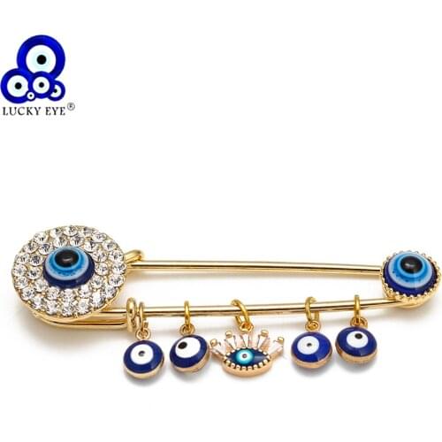 Lucky Eye Blue Turkish Evil Eye Charm Tassel Brooch Pin Gold Color Copper Brooch for Women Men Fashion Jewelry Cloth BE218