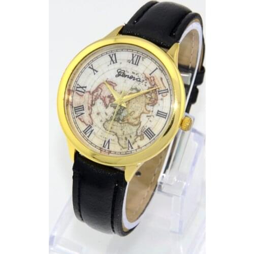 Unisex Casual Roman Numerals Leather Band Map Fashion Men Women Quartz Analog Dress Watches
