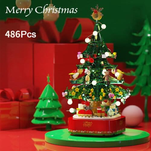 Christmas Theme Building Blocks Rotating LED Shining Music Box DIY Blocks Christmas Tree Kids Bricks Toy For Children Xmas Gift