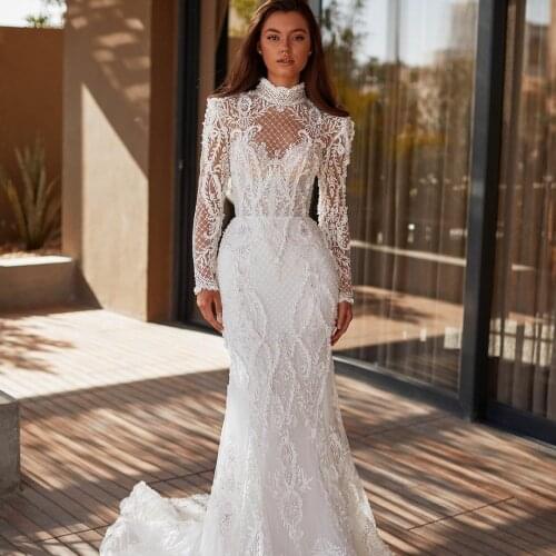HIgh Neck Lace Mermaid Wedding Dress Long Sleeves Beach Bridal Gowns Plus Size Buttons Back African vestidos
