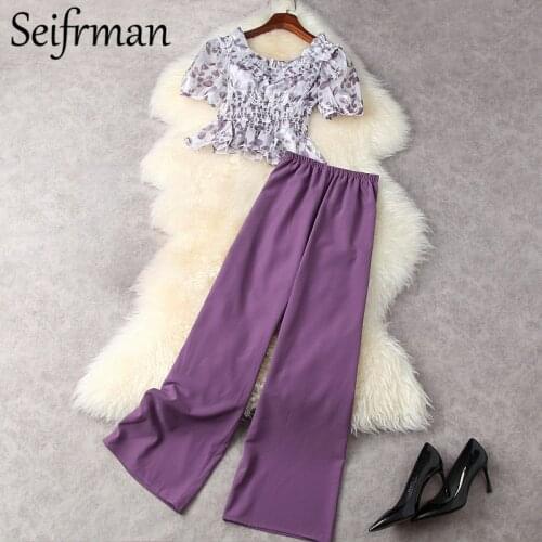 Seifrmann New 2021 Summer Women Fashion Designer Pants Set Lantern Sleeve Ruffles Short Tops + High Waist Wide Leg Long Pants
