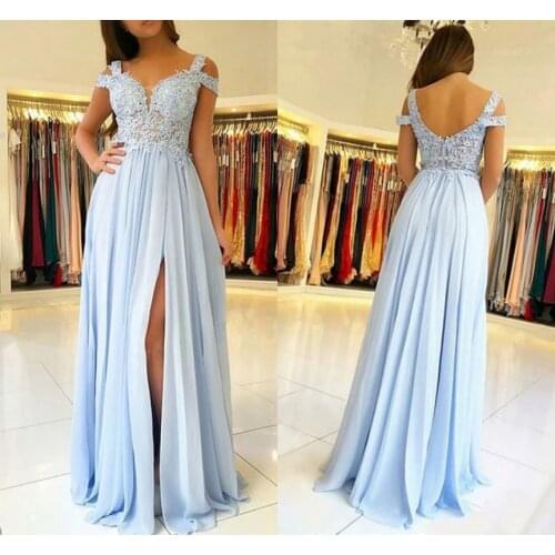 New Sky Blue Chiffon Prom Dress 2022 Off the Shoulder Appliques Split Front Evening Party Gown Robe De Soiree Vestidos De Noiva
