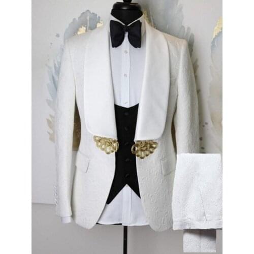 Ivory Floral Pattern Groom Tuxedos for Wedding 3 Piece Slim Fit Men Suits Shawl Satin Lapel Male Fashion Blazer with Pants