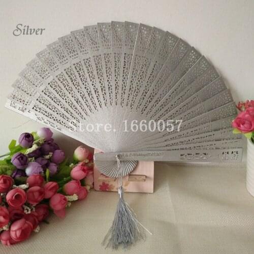 100pcs Wedding Gift Gold/Silver/White Fans Personalize Wood Hand Folding Fans+Customized Name and Date by Laser/Printing