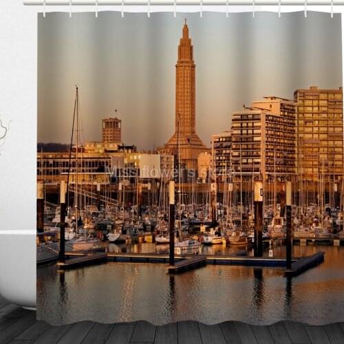 Le Havre Bay Under The Setting Sun Design Custom Shower Curtains Bathroom Waterproof Mildew Polyester Fabric + 12 Hooks