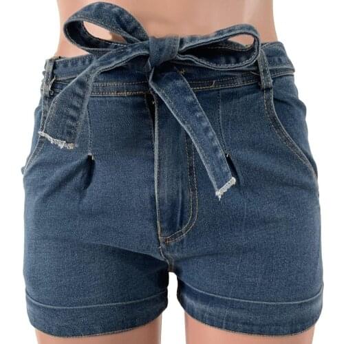 High Waist Woman Shorts Skinny Fashion Summer Women Belted Washed Jeans Hot Denim Short Pants 2021