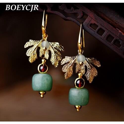BOEYCJR Ethnic Gold Color Leaf Stone Bead Drop Earrings Handmade Vintage Jewelry Hook Earrings Dangle Earrings for Women