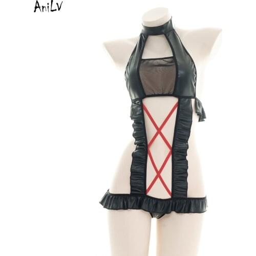AniLV Women Cross Straps PU Leather one-piece Swimsuit Uniform Costume Sukumizu Halter Bodysuit Swimwear Pool Party Clothes