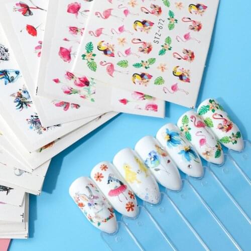 Popular 15Pcs Fashion Flamingo Floral Water Transfer Nail Art Stickers Manicure Decal