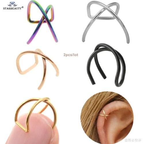 2pcs Cool X Cross Fake Piercing Helix Piercing Ring Labret Lip Ring Pircing de Orelha Fake Earrings Cuff Stainless Steel Jewelry