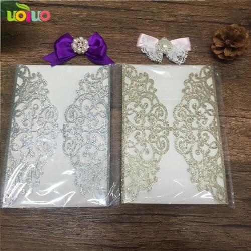 DIY 25set customize inc263 laser cut wedding invitation card glitter gold, lanvender bow,flower brooch,print card,envelope seal