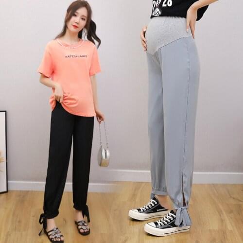 263# Maternity Pants Summer Casual Chiffon Plain Pants Loose Comfy Belly Support Pants Elastic Waist Maternity Trousers