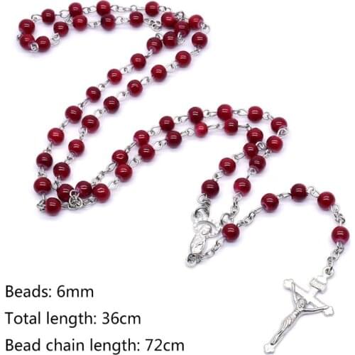 6mm Rosary Glass Beads Jesus Cross Pendant Necklace Charm Chain Jewelry Christ