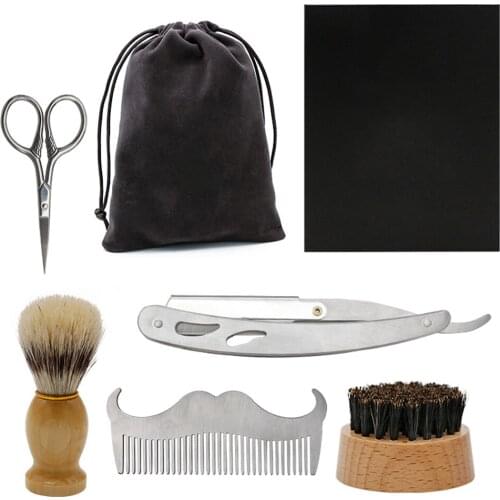 7 Pcs/Set Men Facial Beard Brush Comb Set Boar Bristle Stainless Steel Comb Hair Razor Shaving Brush Beard Brush Shaving Tool