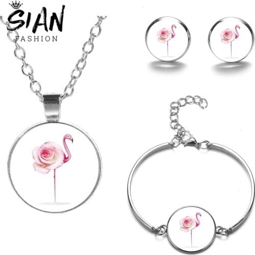 SIAN New Chic Pink Flamingo Summer Jewelry Sets Animal Flower Rainforest Necklace Stud Earrings Bracelet Girl Party Silver Color