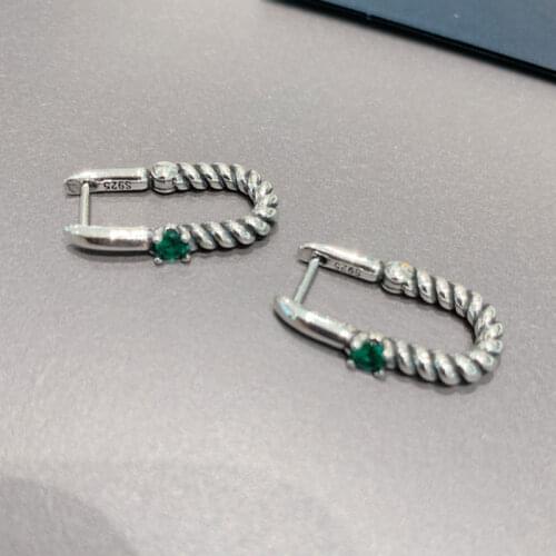 Binmonray 925 Sterling Silver Retro Twisted U-shaped Hoop Earrings for Women Personality Green Zircon Hemp Rope Earrings Jewelry