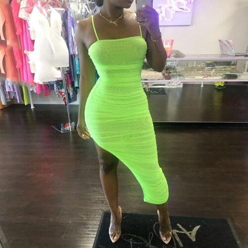 BKLD Mesh Dress 2020 Summer Women Sleeveless Bodycon Ruched Dress Woman Party Night Club Dress Neon Green Sexy High Split Dress