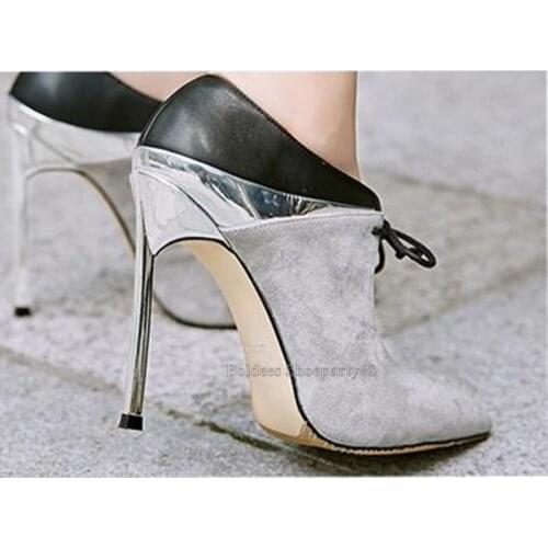 Mixed Color Suede Leather Pointed Toe Metal Blade Heeled Lace Up Ankle Boots For Women Autumn Winter Thin High Heels Show Shoes