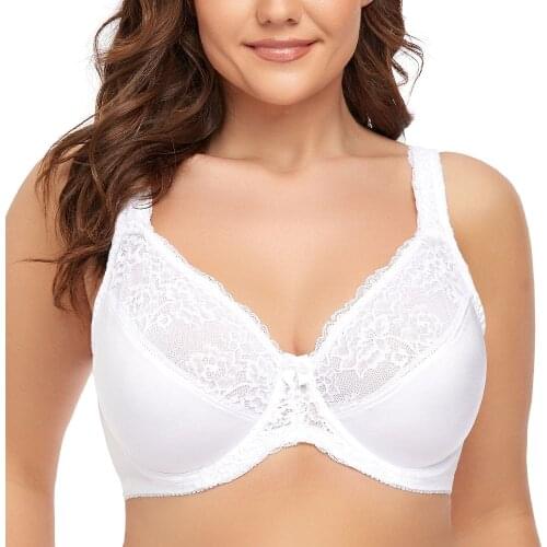 White Women Non-padded Underwire Lace Embroidery Minimizer Big Size Bra 34 36 38 40 42 44 46 48 50 52 F G H I