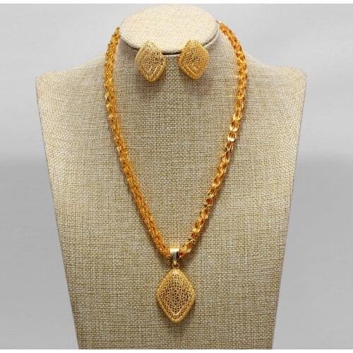 Dubai Jewelry Sets for Women Gold Color Ethiopian Pendant Necklaces Earrings Middle Eastern Arab African Wedding Jewelery