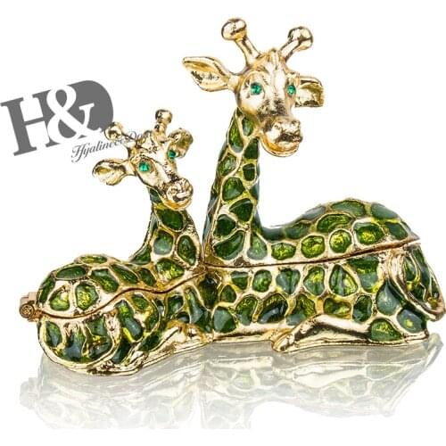 H&D Handmade Sitting Giraffe Mom With Baby Jewelled Trinket Box Decorative Metal Jewelry Ring Holder Christmas Gift Home Decor