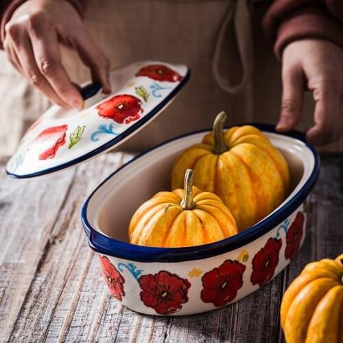 KINGLANG Ceramic Tableware Red Flower Baking Dish for Oven Household Large Soup Pot With Cover