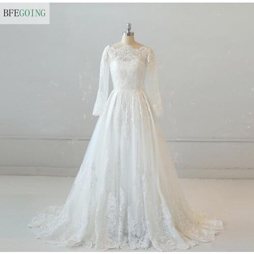 Ivory Lace Long Sleeves Floor-Length A-line Wedding dress Bridal gown Chapel Train Custom size