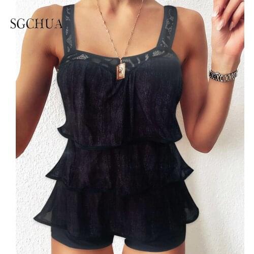 Ladies Swim suits Solid Black Lace Two Piece Swimsuit Multi-Layer Fashion Swimsuit Separate For Black Pants Swimwear Large Size