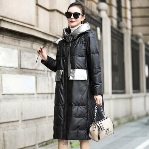 Jacket Leather Genuine Winter Women Hooded Sheepskin Duck Down Outerwear Spliced Casual Warm Medium Length Black Loose Coat